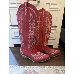 🆕 Women Wine Red Polyurethane Knee High Pointed Toe Chunky Heel Cowgirl Boots